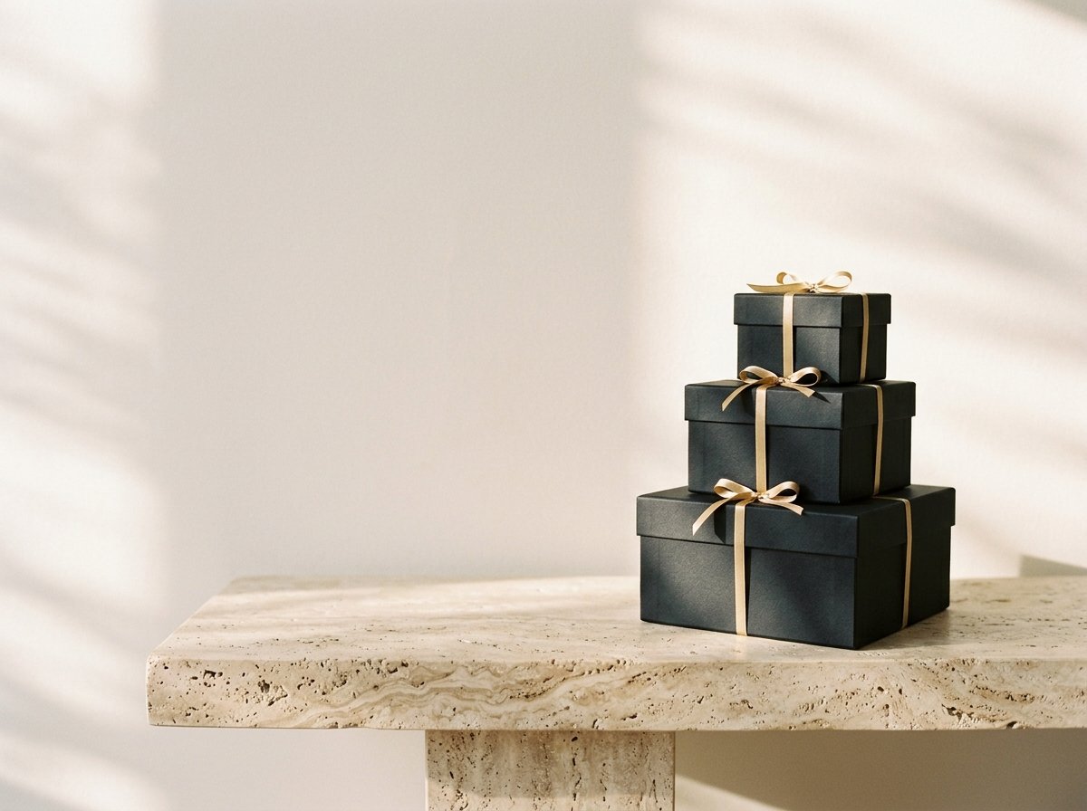 Stacked black gift boxes tied with gold ribbon