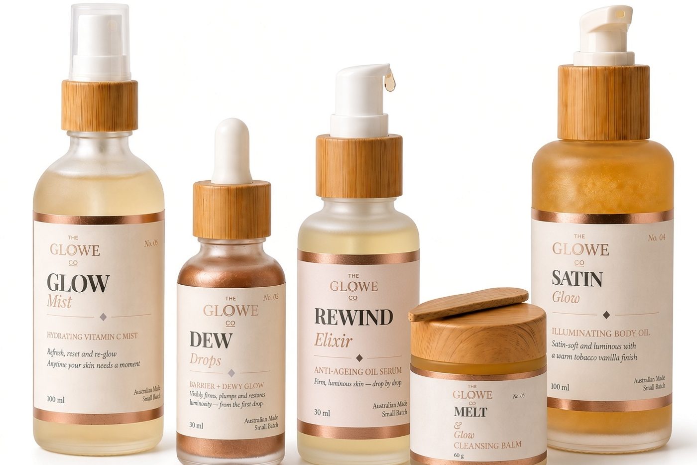 The Glowe Co range: Glow Mist, Dew Drops, Rewind Elixir, Melt and Glow cleansing balm, and Satin Glow body oil
